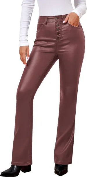 GRAPENT Flare Pants for Women High Wasited Stretchy Faux Leather Look Button Fly Jeans Trendy Bell Bottom Trousers