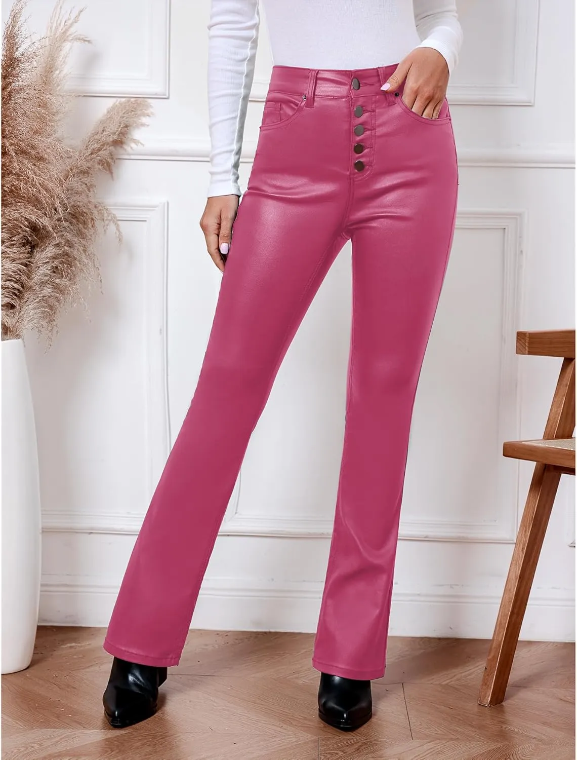 GRAPENT Flare Pants for Women High Wasited Stretchy Faux Leather Look Button Fly Jeans Trendy Bell Bottom Trousers