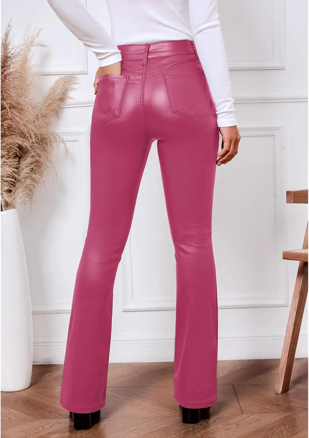 GRAPENT Flare Pants for Women High Wasited Stretchy Faux Leather Look Button Fly Jeans Trendy Bell Bottom Trousers