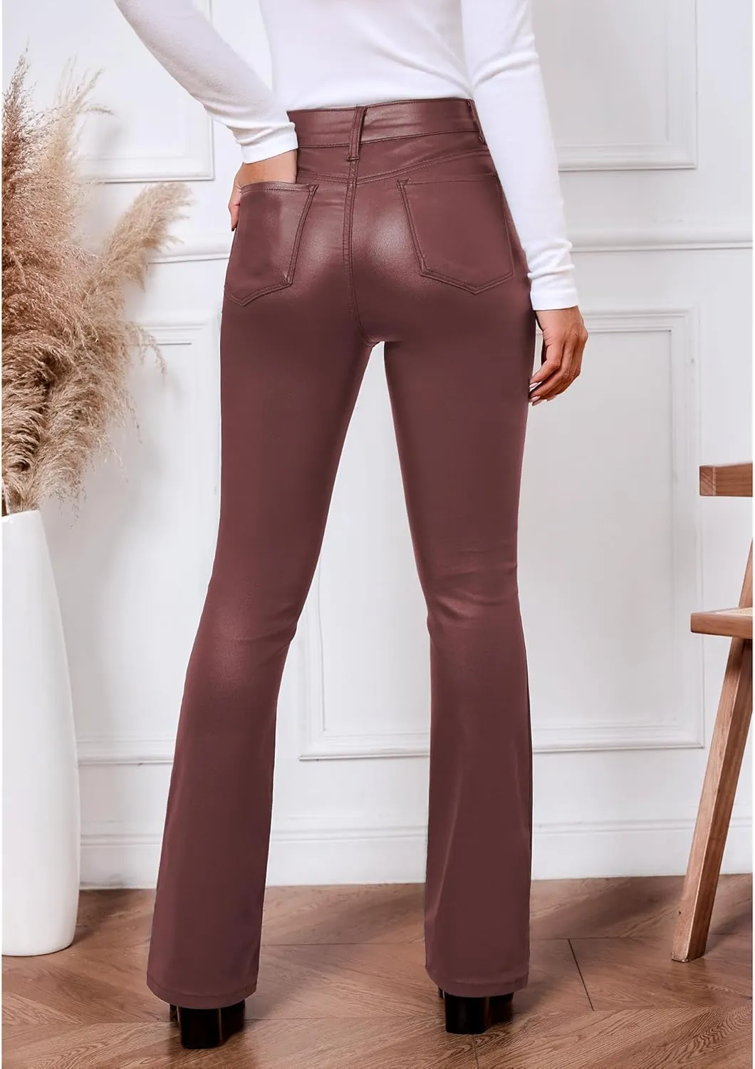 GRAPENT Flare Pants for Women High Wasited Stretchy Faux Leather Look Button Fly Jeans Trendy Bell Bottom Trousers