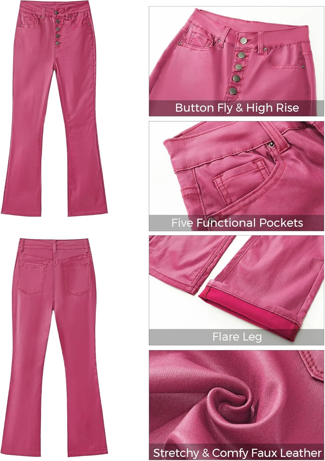 GRAPENT Flare Pants for Women High Wasited Stretchy Faux Leather Look Button Fly Jeans Trendy Bell Bottom Trousers