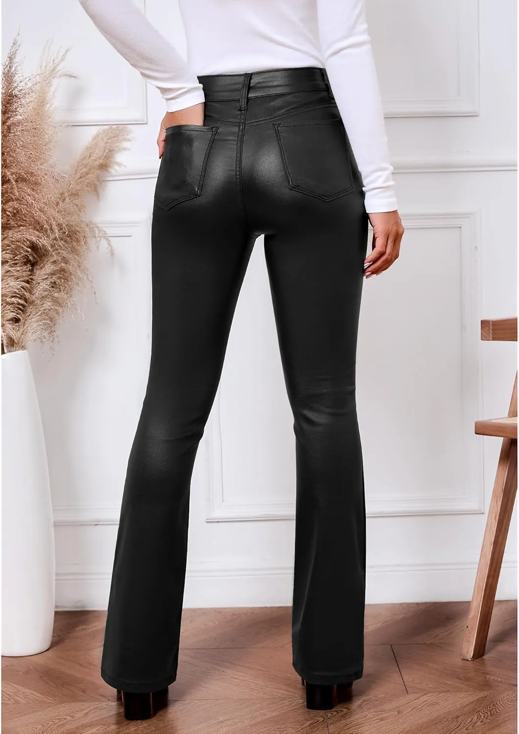 GRAPENT Flare Pants for Women High Wasited Stretchy Faux Leather Look Button Fly Jeans Trendy Bell Bottom Trousers
