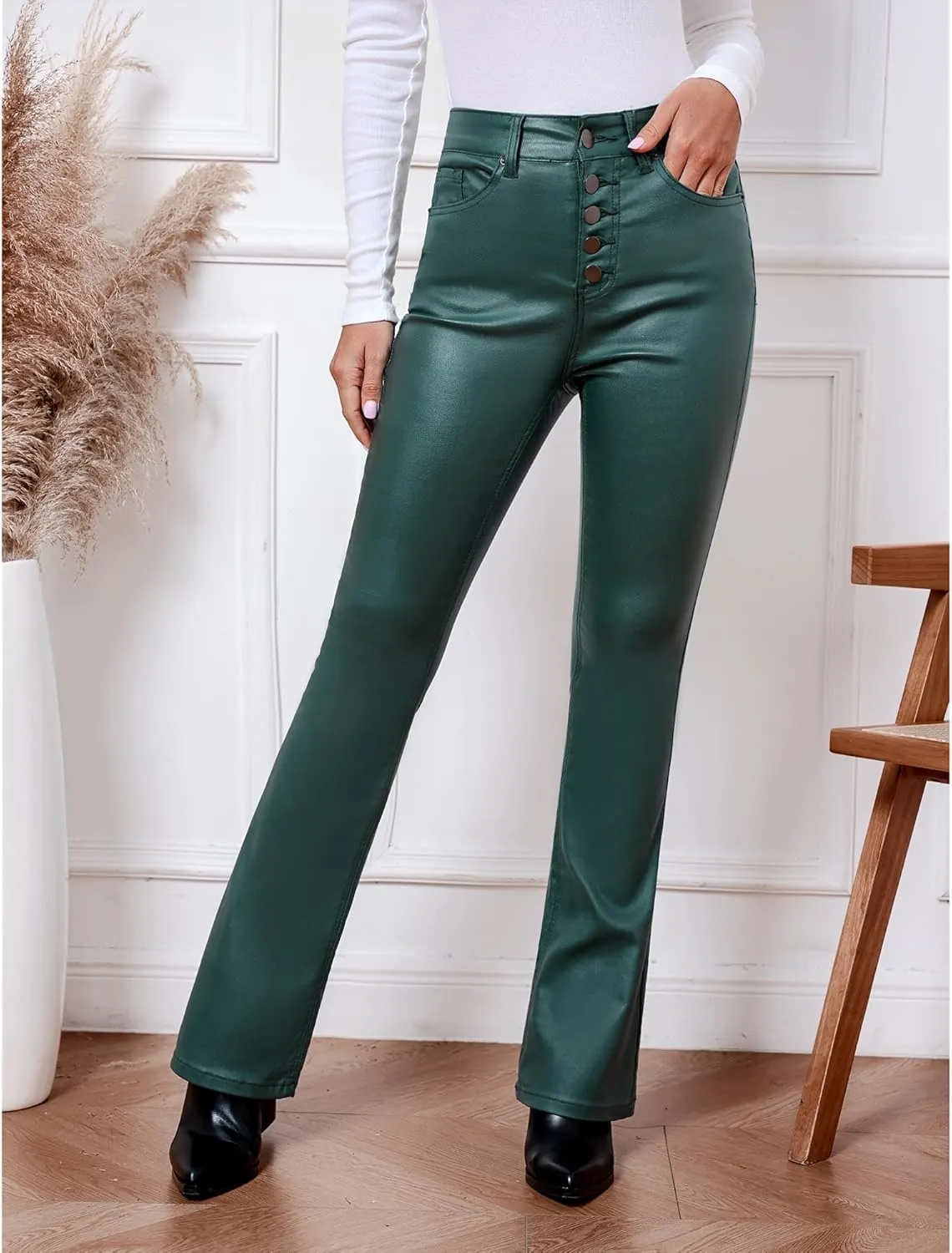 GRAPENT Flare Pants for Women High Wasited Stretchy Faux Leather Look Button Fly Jeans Trendy Bell Bottom Trousers