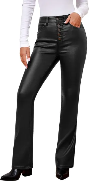 GRAPENT Flare Pants for Women High Wasited Stretchy Faux Leather Look Button Fly Jeans Trendy Bell Bottom Trousers