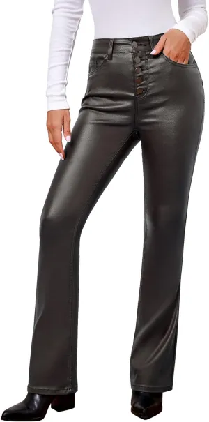 GRAPENT Flare Pants for Women High Wasited Stretchy Faux Leather Look Button Fly Jeans Trendy Bell Bottom Trousers