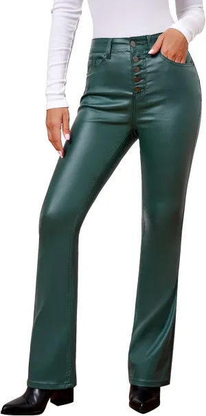 GRAPENT Flare Pants for Women High Wasited Stretchy Faux Leather Look Button Fly Jeans Trendy Bell Bottom Trousers