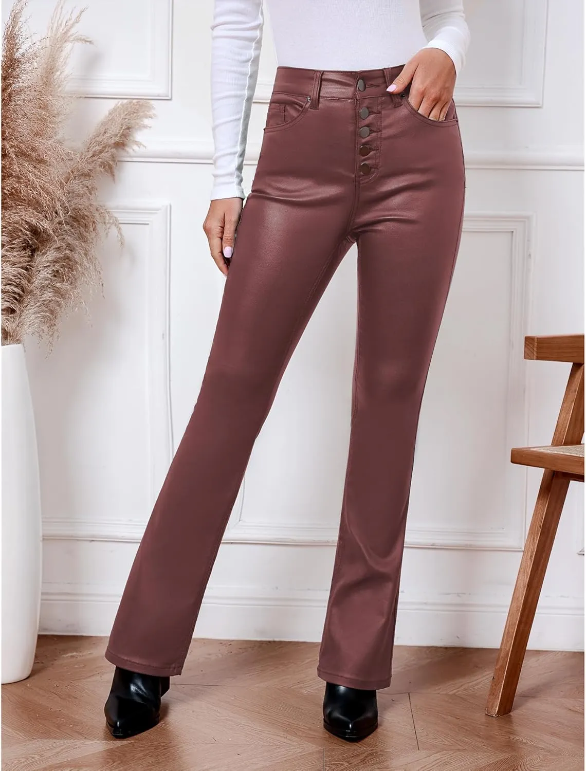GRAPENT Flare Pants for Women High Wasited Stretchy Faux Leather Look Button Fly Jeans Trendy Bell Bottom Trousers
