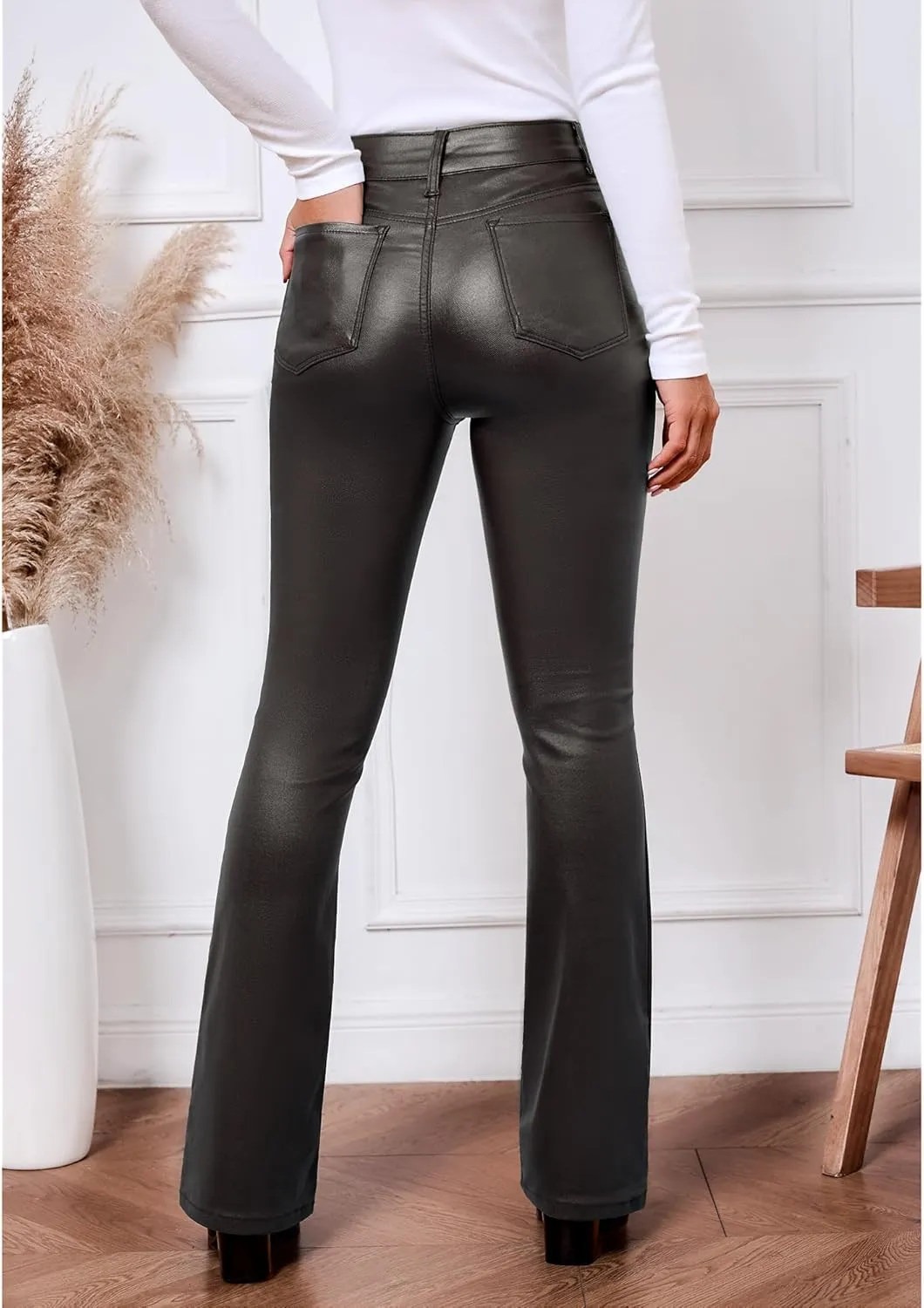 GRAPENT Flare Pants for Women High Wasited Stretchy Faux Leather Look Button Fly Jeans Trendy Bell Bottom Trousers