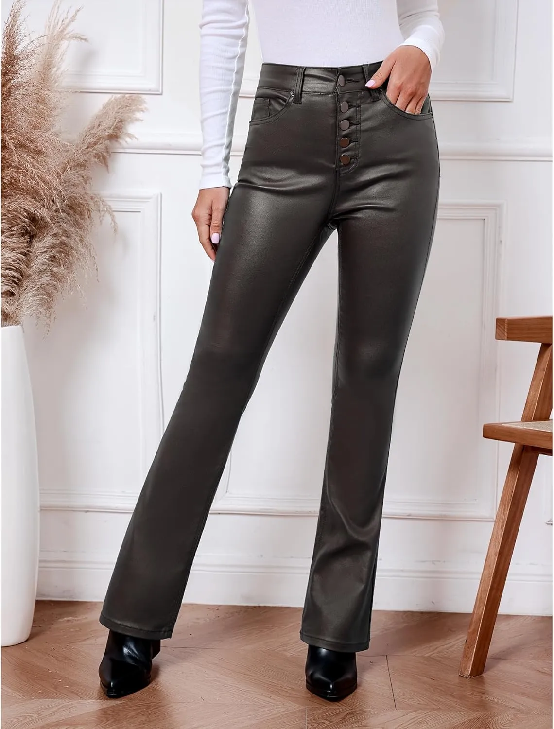 GRAPENT Flare Pants for Women High Wasited Stretchy Faux Leather Look Button Fly Jeans Trendy Bell Bottom Trousers