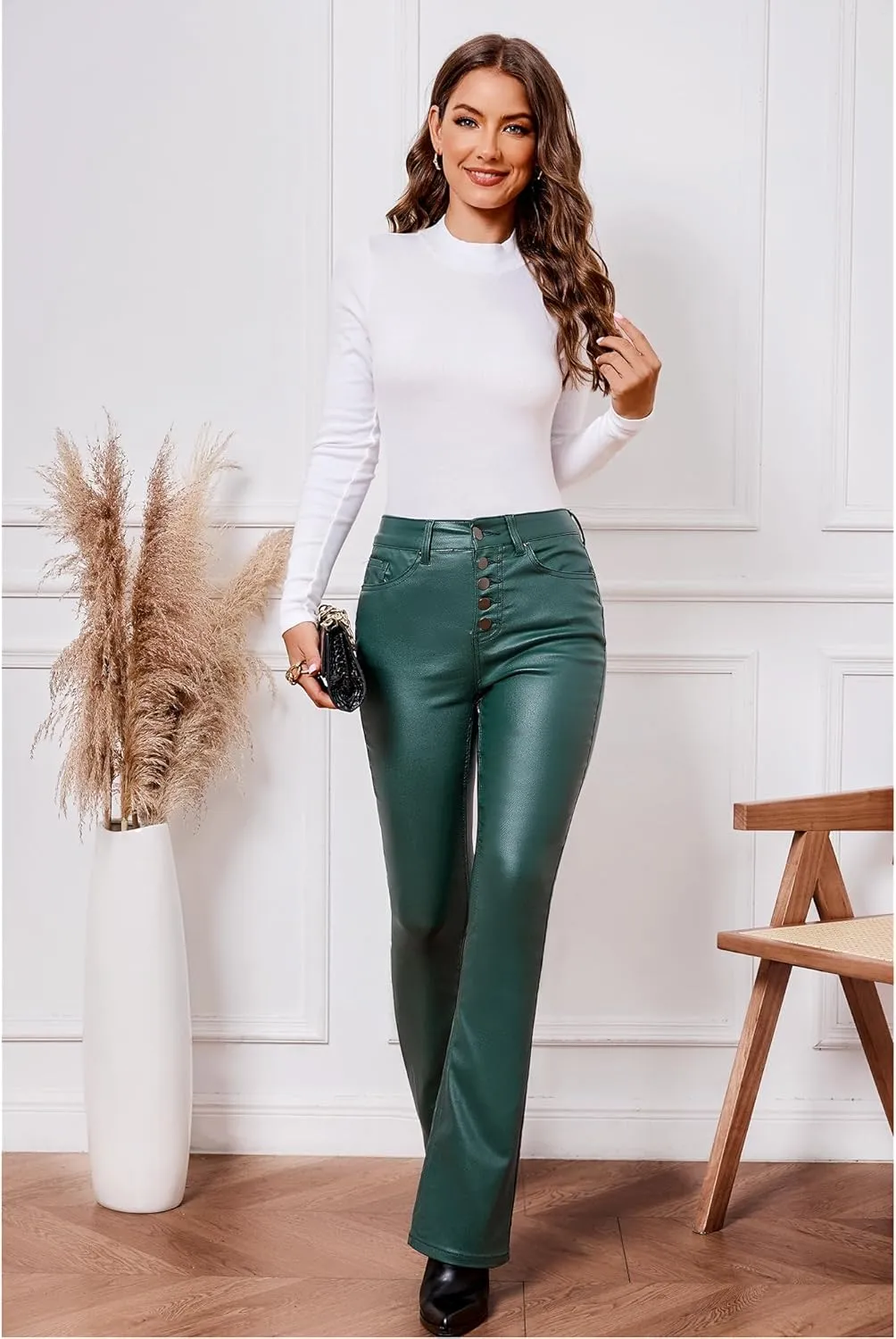 GRAPENT Flare Pants for Women High Wasited Stretchy Faux Leather Look Button Fly Jeans Trendy Bell Bottom Trousers