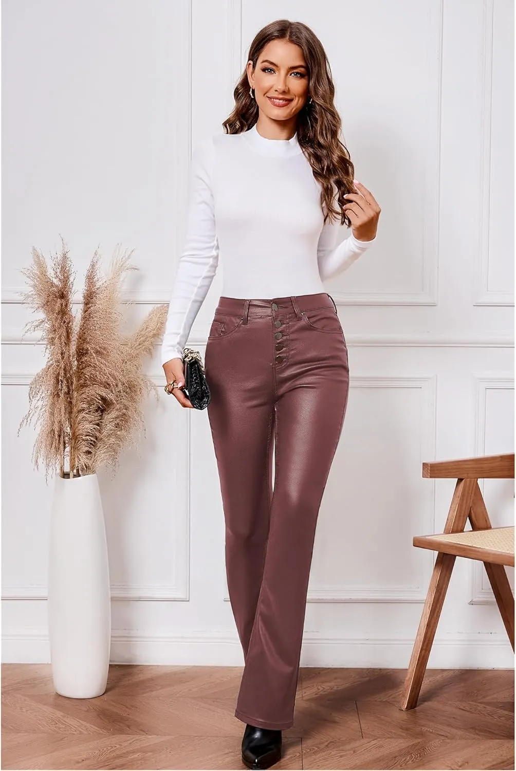 GRAPENT Flare Pants for Women High Wasited Stretchy Faux Leather Look Button Fly Jeans Trendy Bell Bottom Trousers