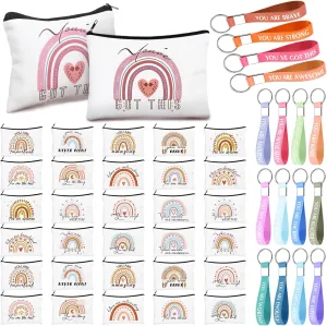 Hillban 64 Pieces Rainbow Cosmetic Bag Bulk Inspirational Graduation Gift for Women with 32 Motivational Quote Keychains and 32 Rainbow Canvas Makeup Pouch Bags for Women