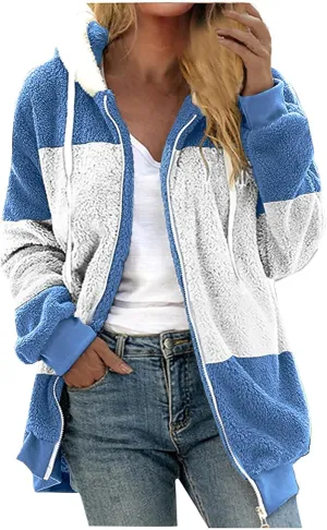 jovati Fleece Jacket Women Zip Up Color Block Hoodie Sweatshirts Long Sleeve Cardigan Fall Clothes 2023 Loose Fit Sweater