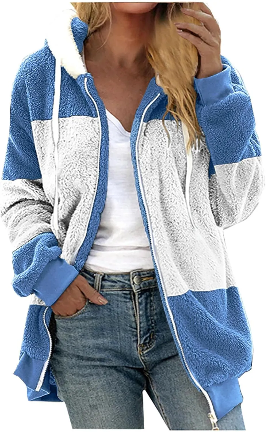 jovati Fleece Jacket Women Zip Up Color Block Hoodie Sweatshirts Long Sleeve Cardigan Fall Clothes 2023 Loose Fit Sweater