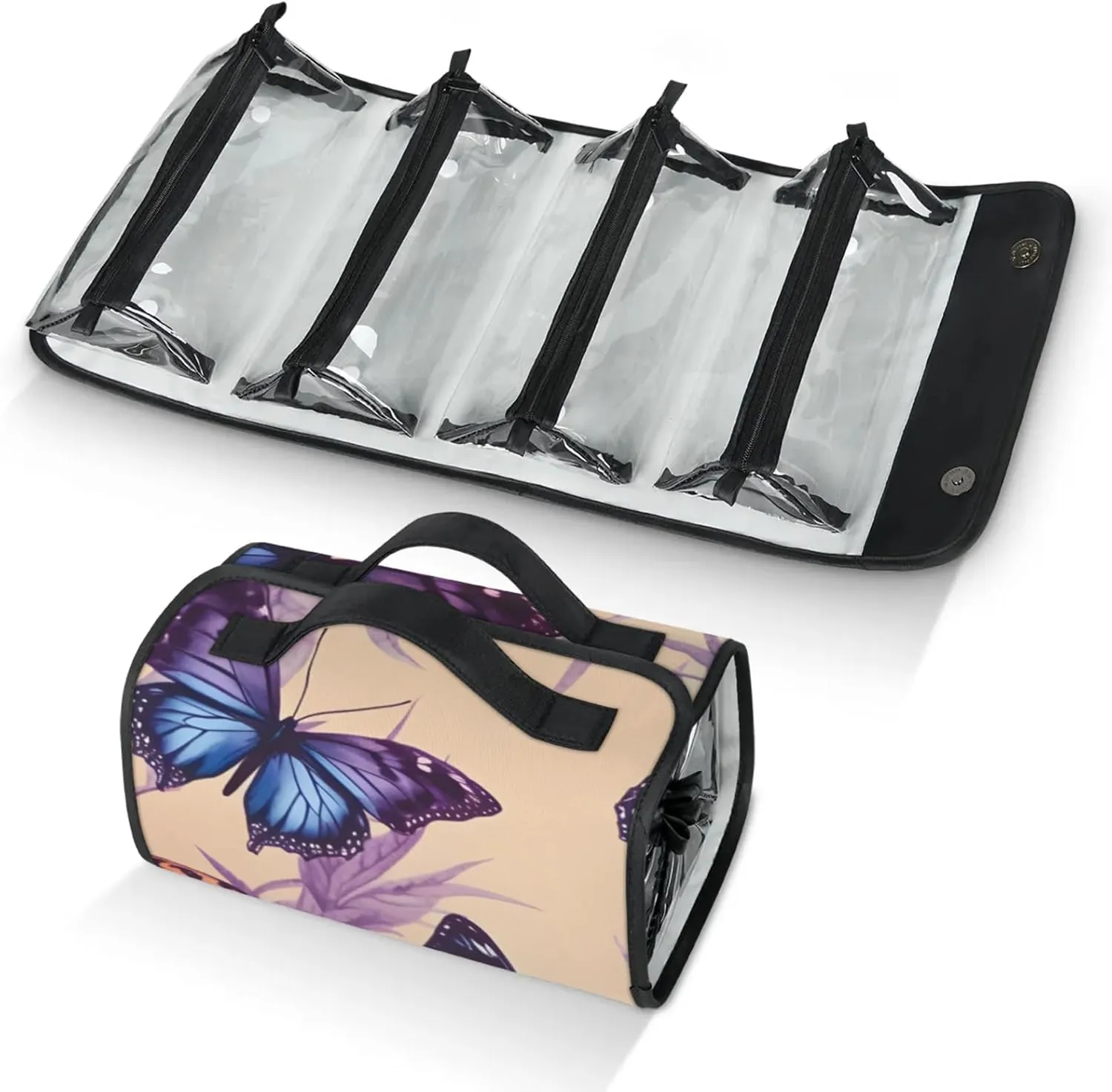 Large Capacity 4-in-1 Hanging Travel Toiletry Bag Storage Organizer With 4 Detachable Removable Zipper Clear Pouches Abstract Butterflies