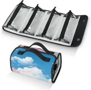 Large Capacity 4-in-1 Hanging Travel Toiletry Bag Storage Organizer With 4 Detachable Removable Zipper Clear Pouches Blue Sky, White Clouds Flowers