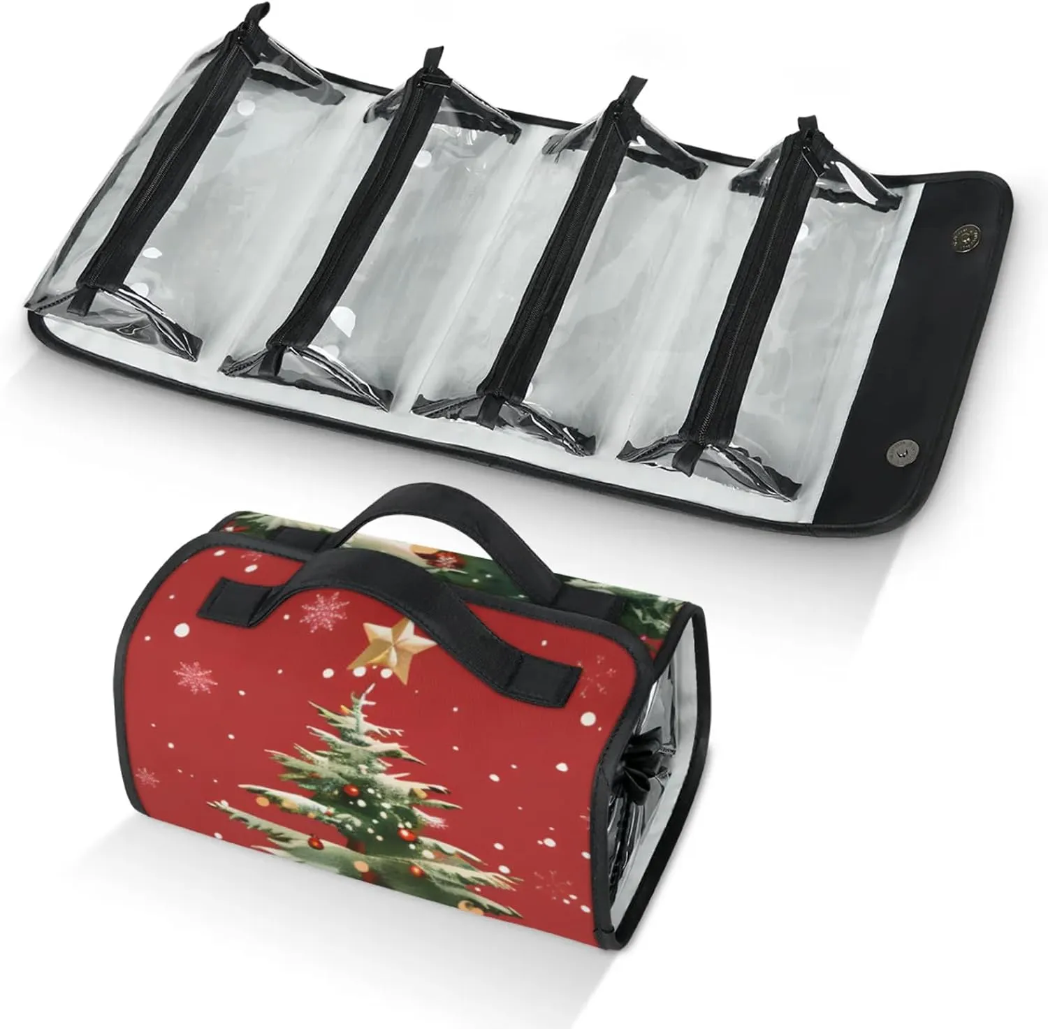 Large Capacity 4-in-1 Hanging Travel Toiletry Bag Storage Organizer With 4 Detachable Removable Zipper Clear Pouches Cartoon Christmas Trees