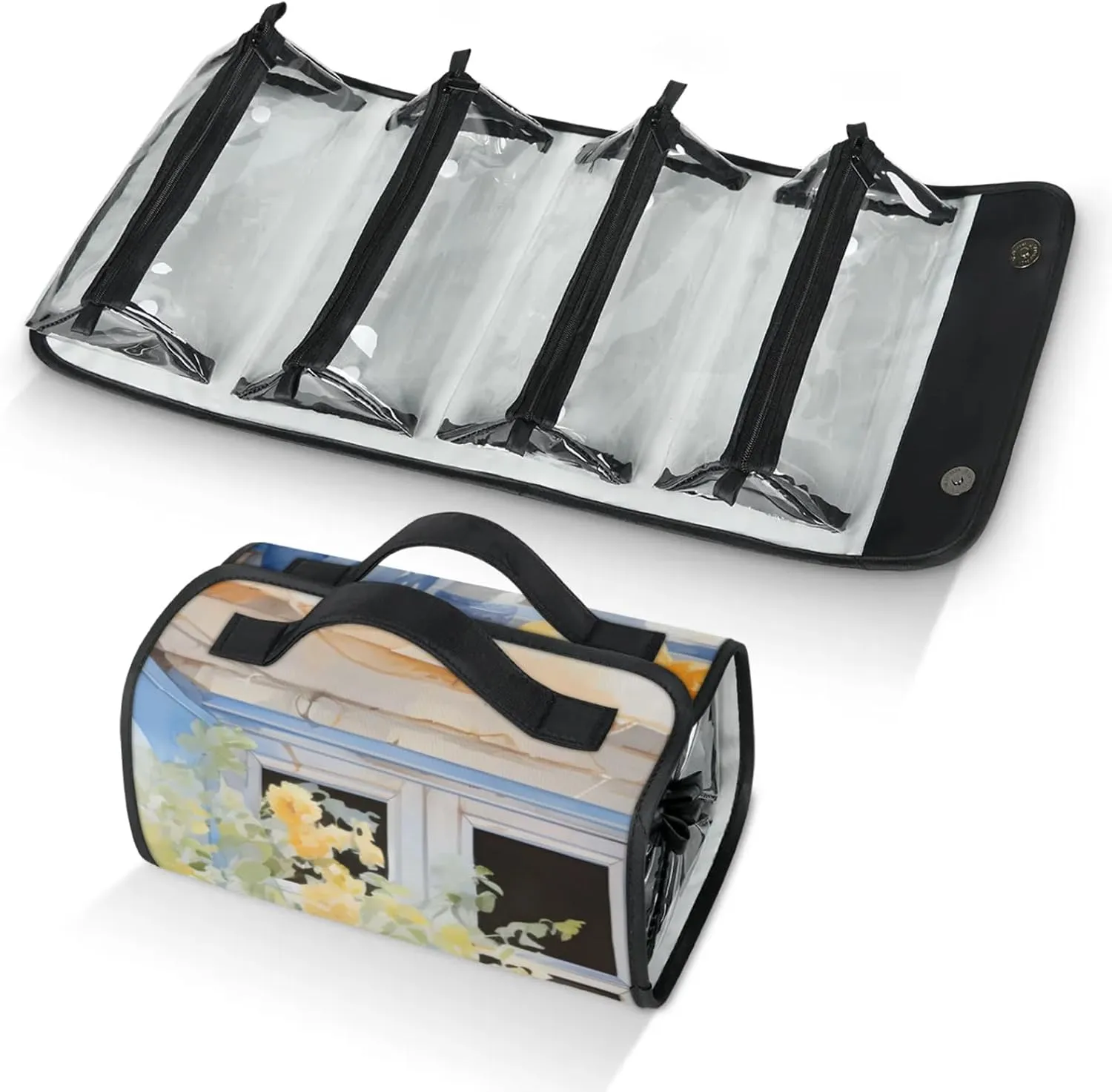 Large Capacity 4-in-1 Hanging Travel Toiletry Bag Storage Organizer With 4 Detachable Removable Zipper Clear Pouches Oil Painting Window