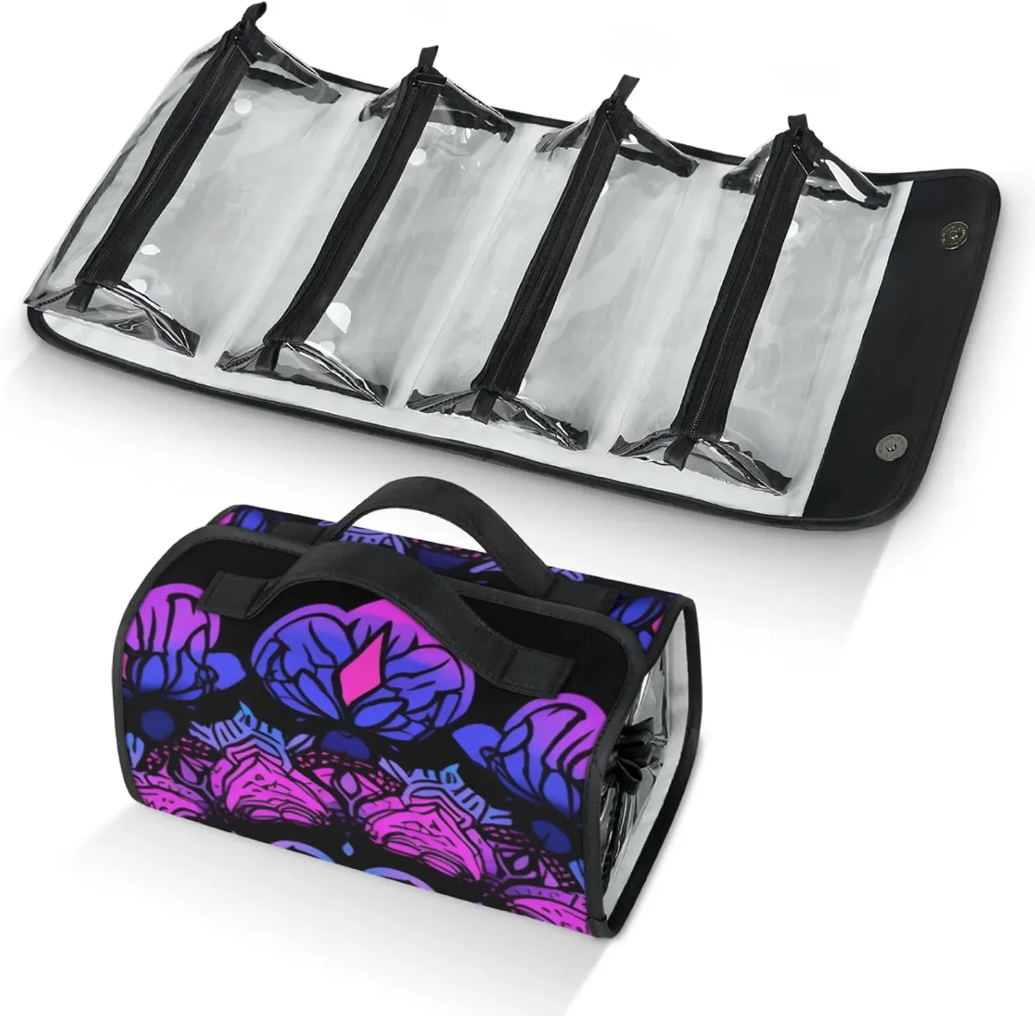 Large Capacity 4-in-1 Hanging Travel Toiletry Bag Storage Organizer With 4 Detachable Removable Zipper Clear Pouches Purple Mandala
