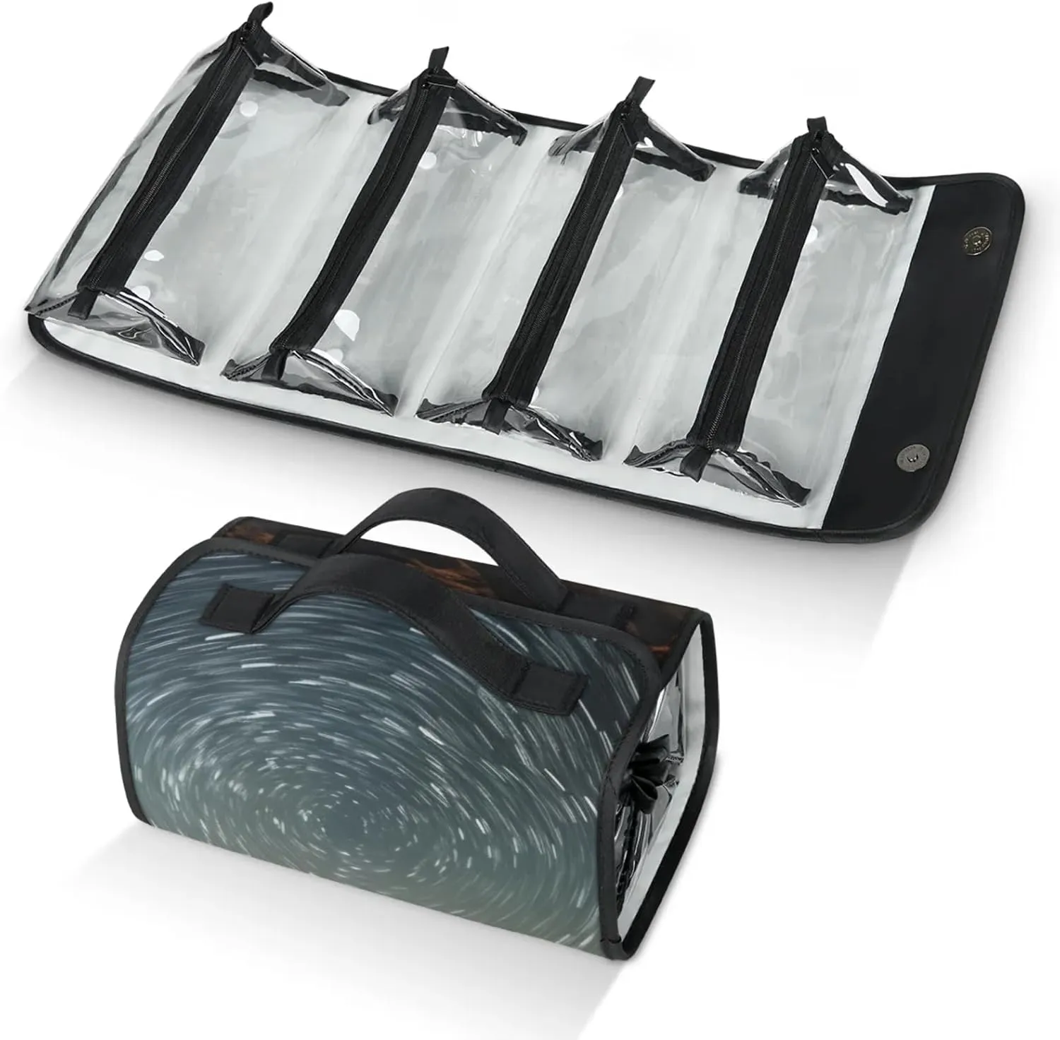 Large Capacity 4-in-1 Hanging Travel Toiletry Bag Storage Organizer With 4 Detachable Removable Zipper Clear Pouches Time-Lapse Starry Sky