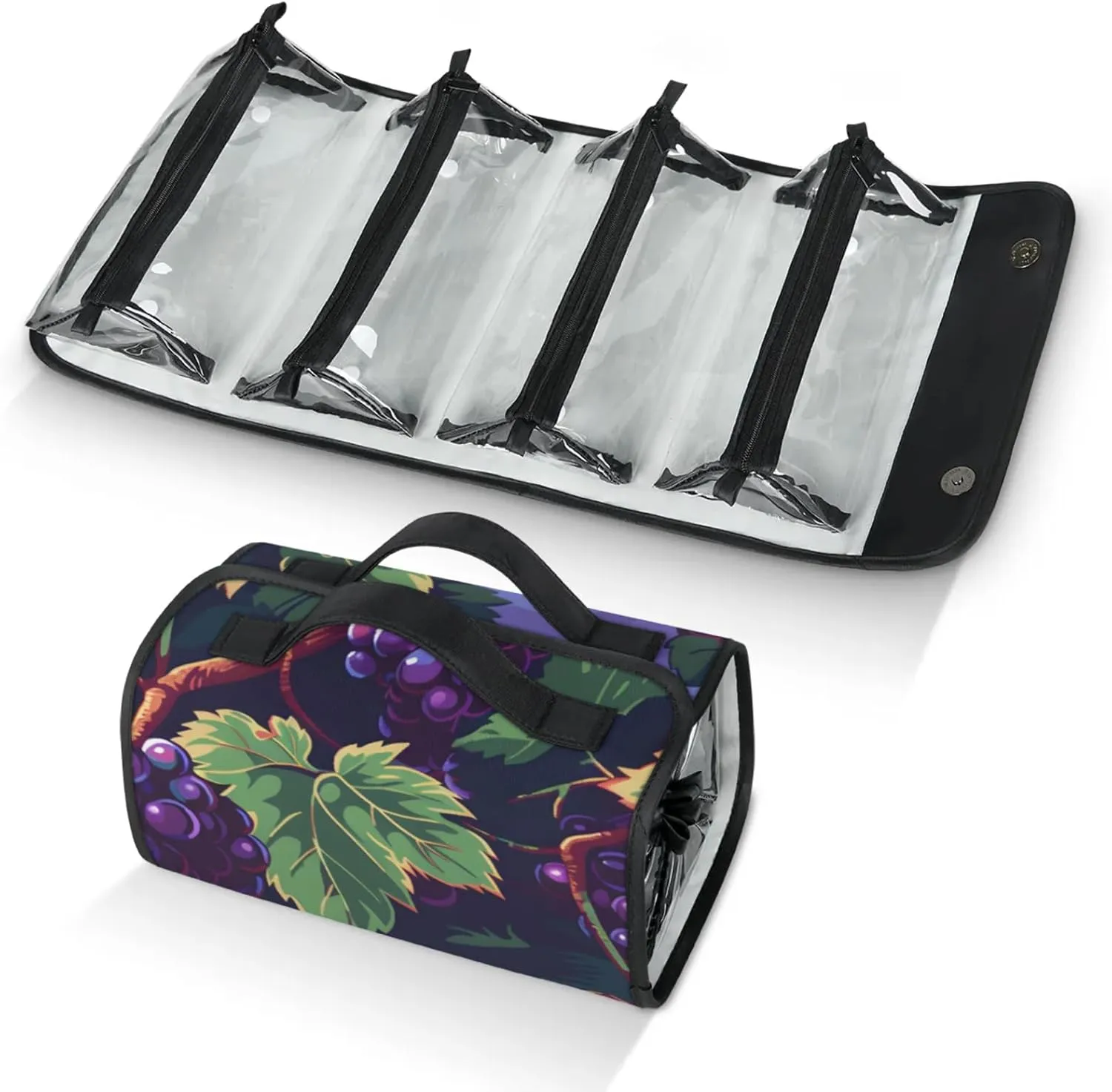 Large Capacity 4-in-1 Hanging Travel Toiletry Bag Storage Organizer With 4 Detachable Removable Zipper Clear Pouches Watercolor Grapes