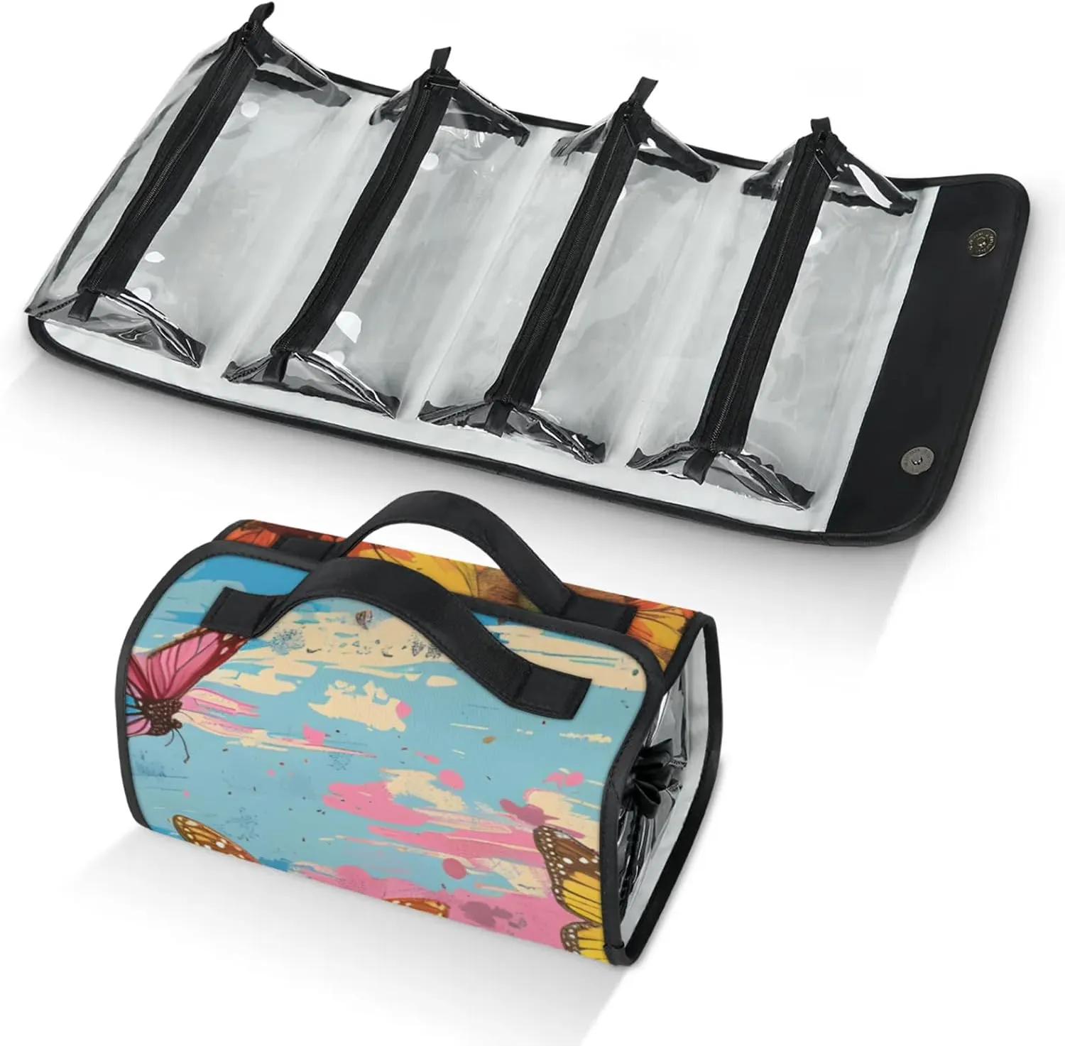 Large Capacity 4-in-1 Hanging Travel Toiletry Bag Storage Organizer With 4 Detachable Removable Zipper Clear Pouches Watercolor Sunflowers