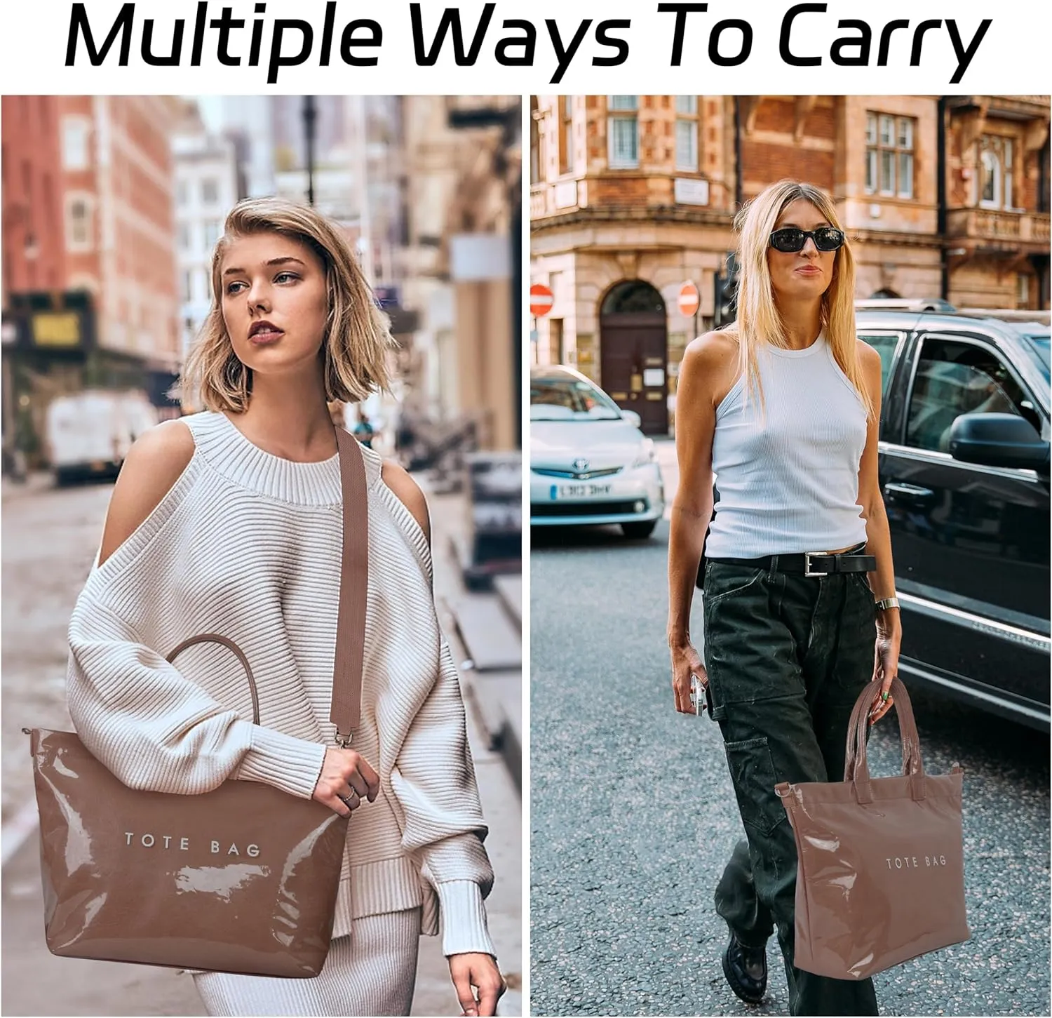 Large PVC Tote Bag for Women Letters Print Handbags Kraft Paper Shoulder Bag for Work Travel