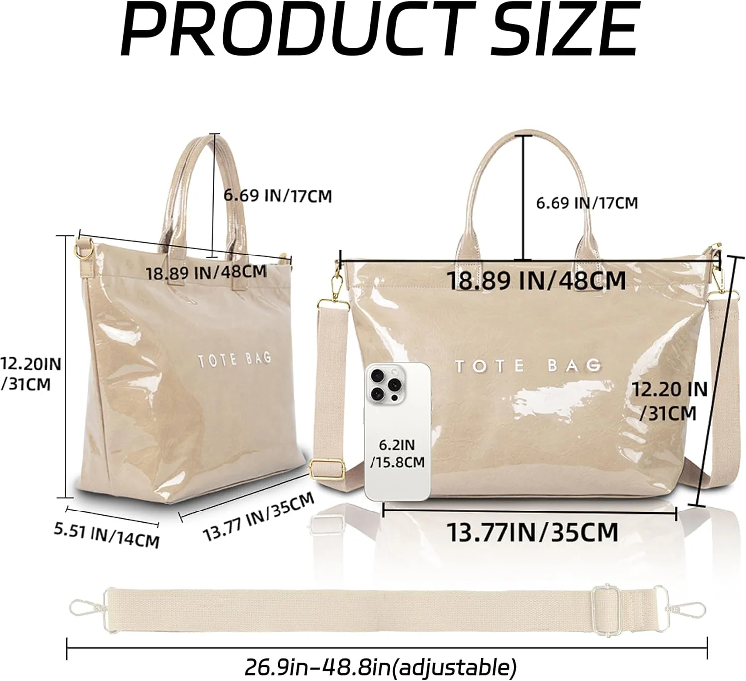Large PVC Tote Bag for Women Letters Print Handbags Kraft Paper Shoulder Bag for Work Travel