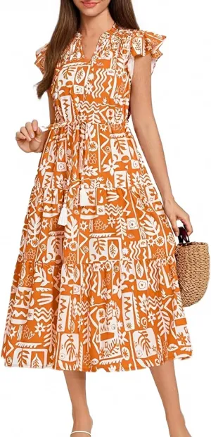 lcyhony Floral Dress for Women Summer Boho V Neck Cap Sleeve Tie Midi Dresses Wrap A Line Casual Beach Sundress with Pockets