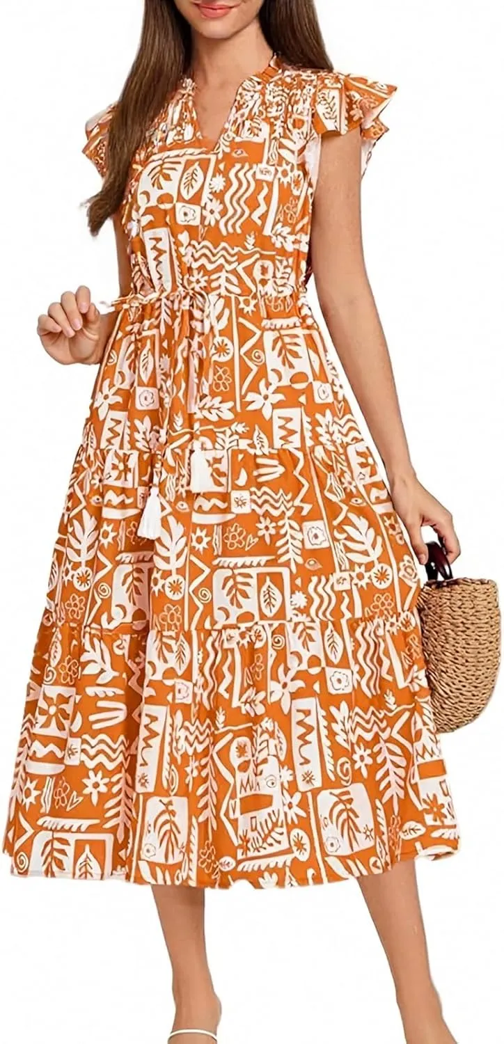 lcyhony Floral Dress for Women Summer Boho V Neck Cap Sleeve Tie Midi Dresses Wrap A Line Casual Beach Sundress with Pockets