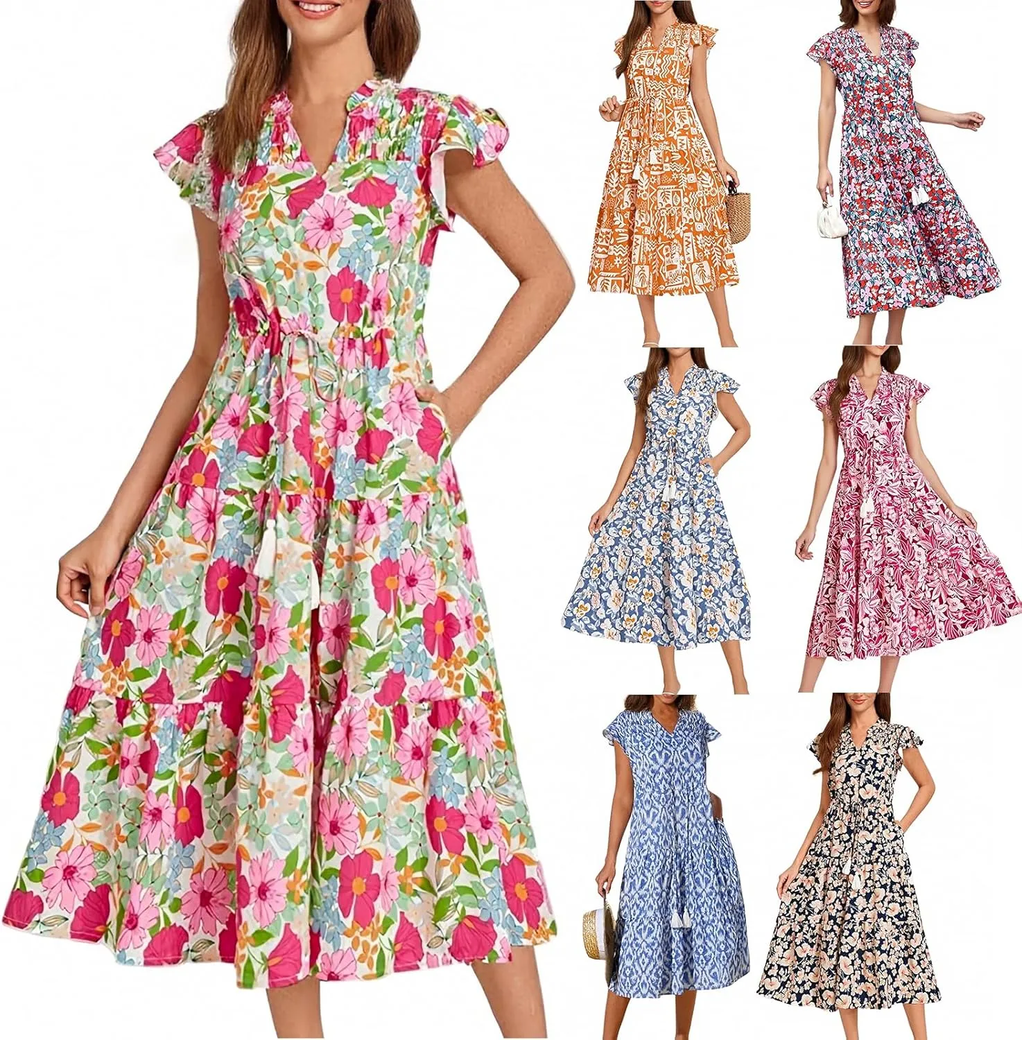 lcyhony Floral Dress for Women Summer Boho V Neck Cap Sleeve Tie Midi Dresses Wrap A Line Casual Beach Sundress with Pockets