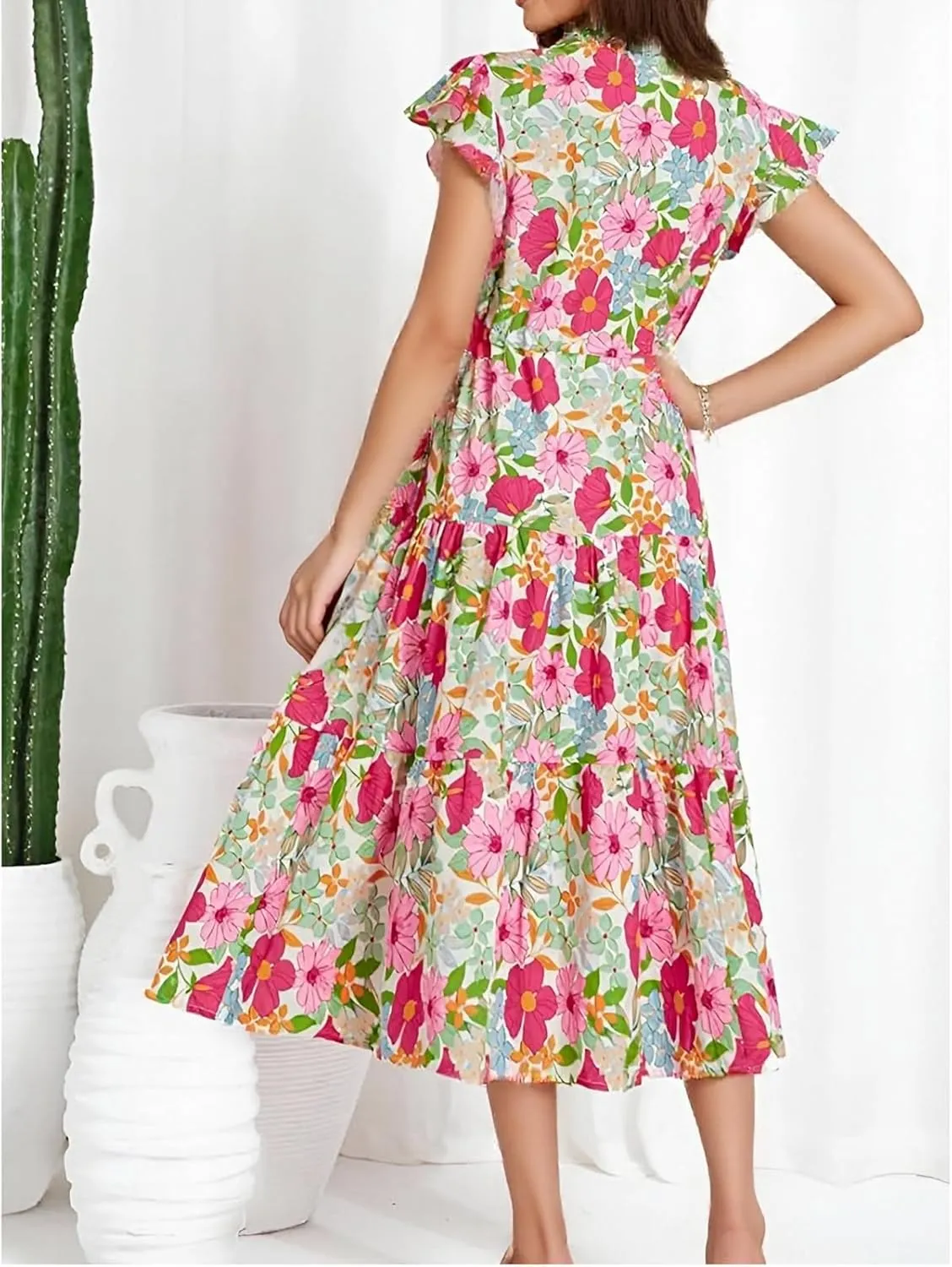 lcyhony Floral Dress for Women Summer Boho V Neck Cap Sleeve Tie Midi Dresses Wrap A Line Casual Beach Sundress with Pockets