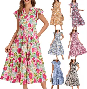 lcyhony Floral Dress for Women Summer Boho V Neck Cap Sleeve Tie Midi Dresses Wrap A Line Casual Beach Sundress with Pockets