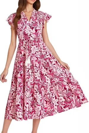 lcyhony Floral Dress for Women Summer Boho V Neck Cap Sleeve Tie Midi Dresses Wrap A Line Casual Beach Sundress with Pockets