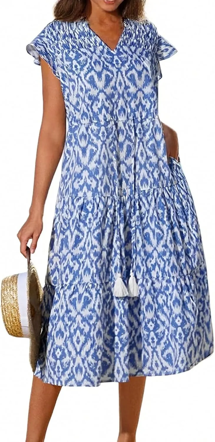lcyhony Floral Dress for Women Summer Boho V Neck Cap Sleeve Tie Midi Dresses Wrap A Line Casual Beach Sundress with Pockets