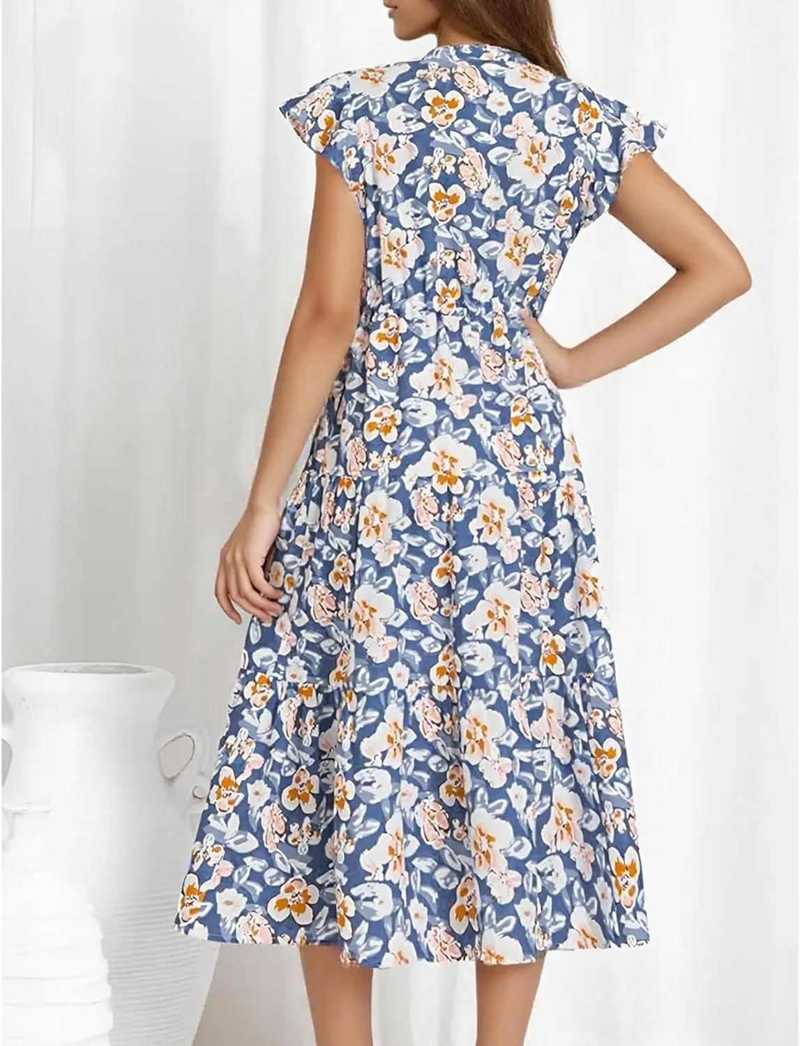 lcyhony Floral Dress for Women Summer Boho V Neck Cap Sleeve Tie Midi Dresses Wrap A Line Casual Beach Sundress with Pockets