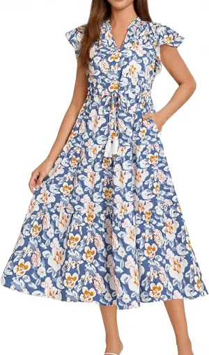 lcyhony Floral Dress for Women Summer Boho V Neck Cap Sleeve Tie Midi Dresses Wrap A Line Casual Beach Sundress with Pockets