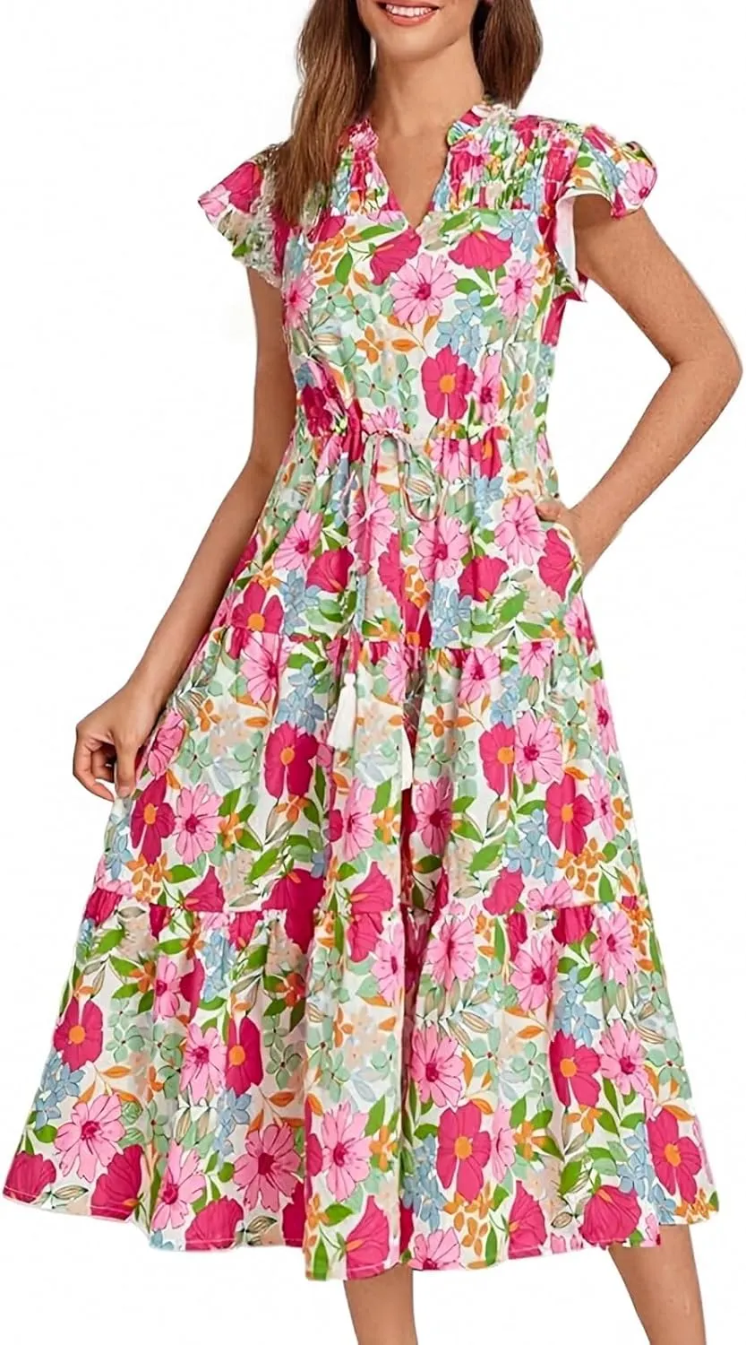 lcyhony Floral Dress for Women Summer Boho V Neck Cap Sleeve Tie Midi Dresses Wrap A Line Casual Beach Sundress with Pockets