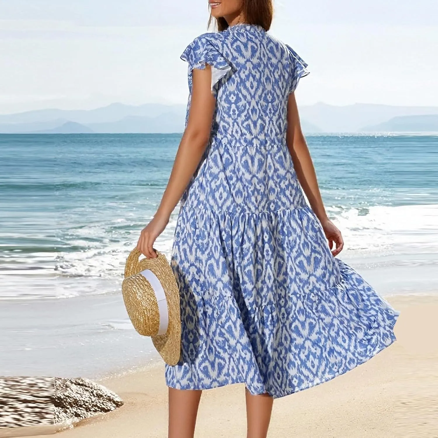 lcyhony Floral Dress for Women Summer Boho V Neck Cap Sleeve Tie Midi Dresses Wrap A Line Casual Beach Sundress with Pockets