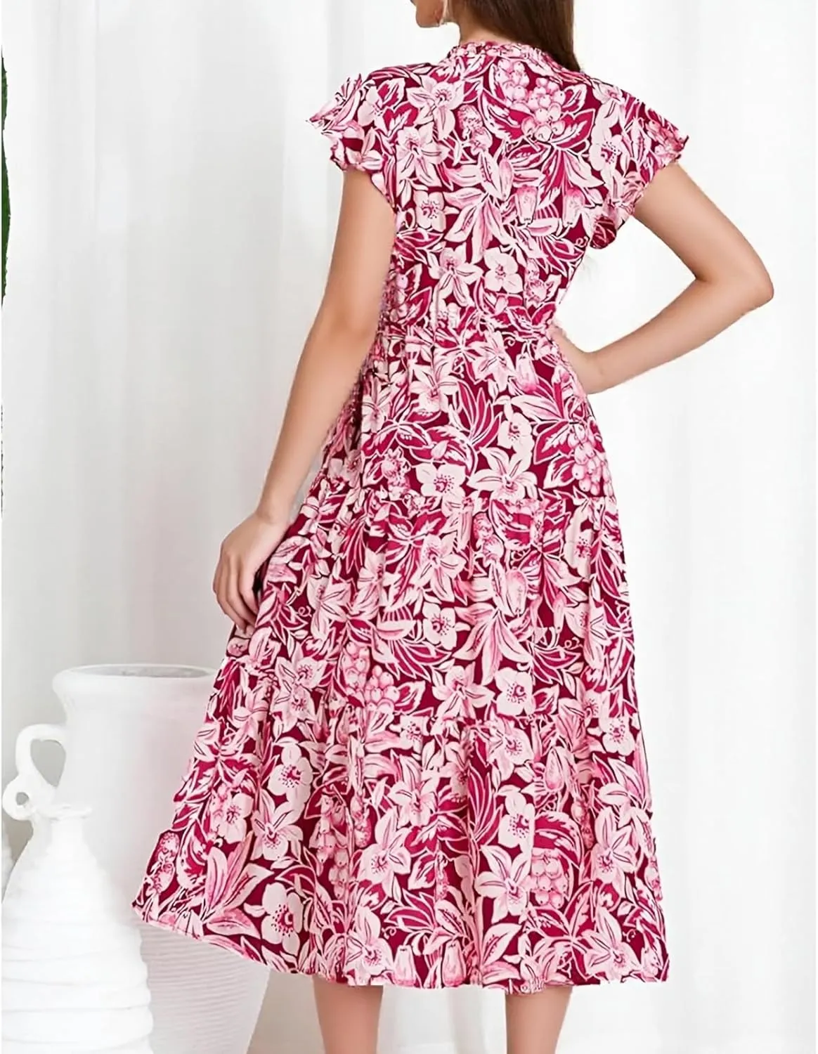 lcyhony Floral Dress for Women Summer Boho V Neck Cap Sleeve Tie Midi Dresses Wrap A Line Casual Beach Sundress with Pockets