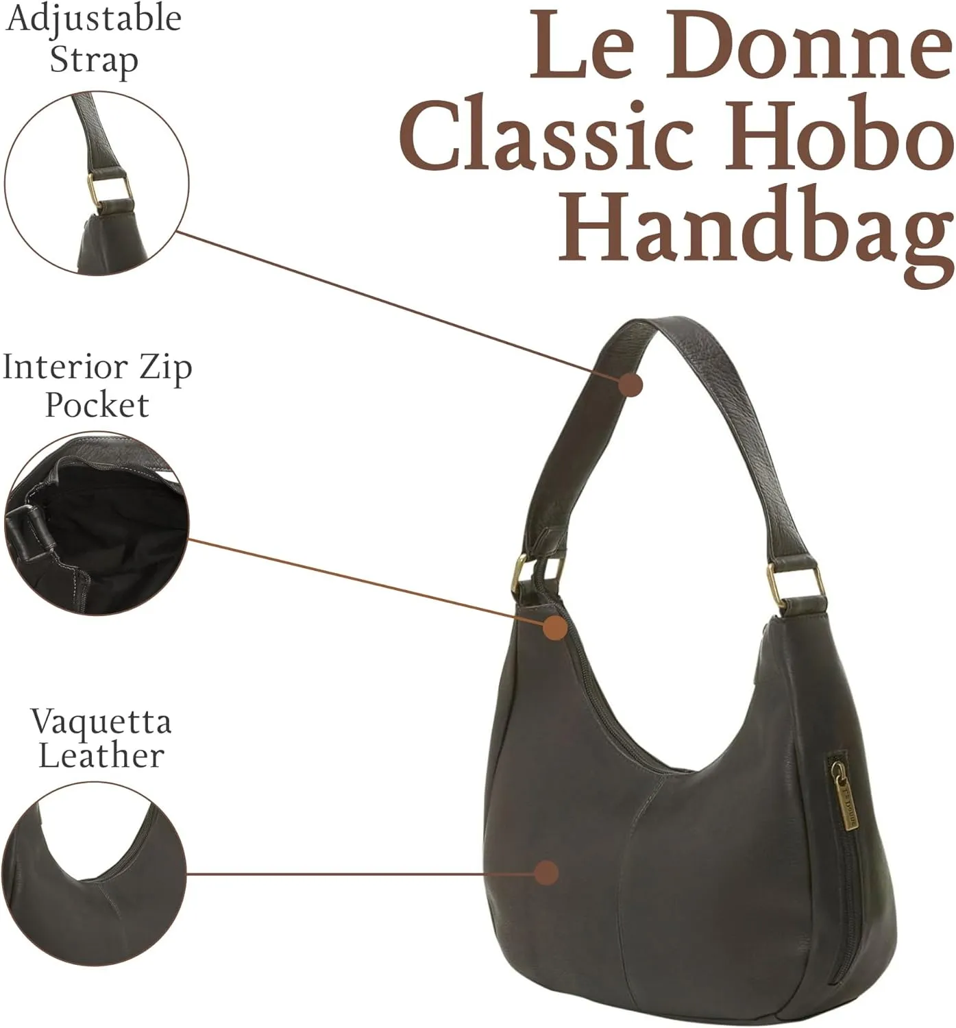 Le Donne Leather Hobo Handbags - Handcrafted Classic Designer For Women - Slouchy U-Shaped Shoulder Bag - Single Strap Purse