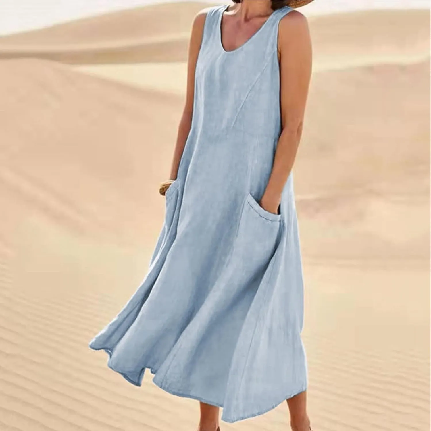 Linen Dresses for Women 2024 Summer Sleeveless Casual Dress Vintage Boho Midi Dresses Tank Top Beach Vacation Dress