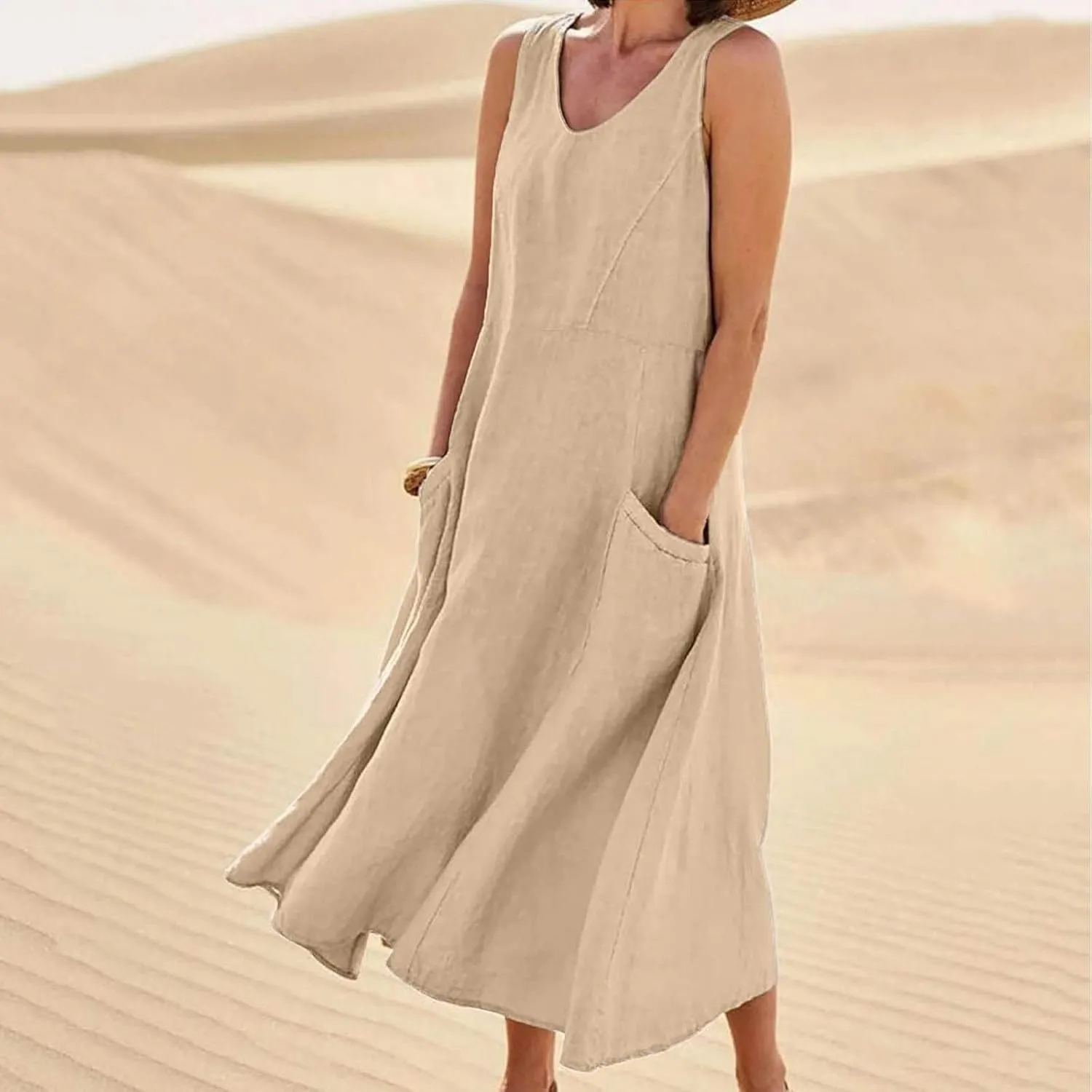 Linen Dresses for Women 2024 Summer Sleeveless Casual Dress Vintage Boho Midi Dresses Tank Top Beach Vacation Dress