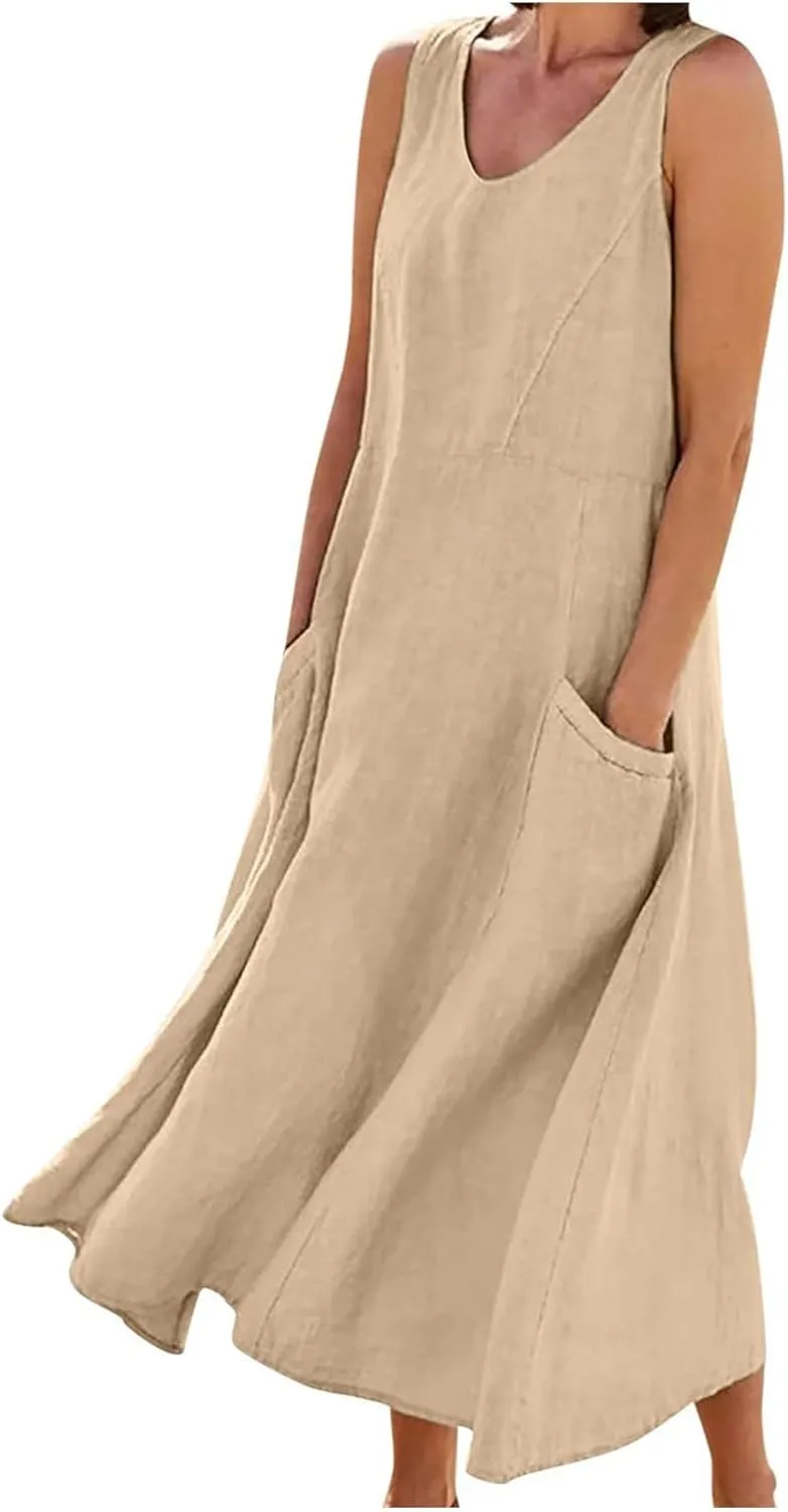 Linen Dresses for Women 2024 Summer Sleeveless Casual Dress Vintage Boho Midi Dresses Tank Top Beach Vacation Dress