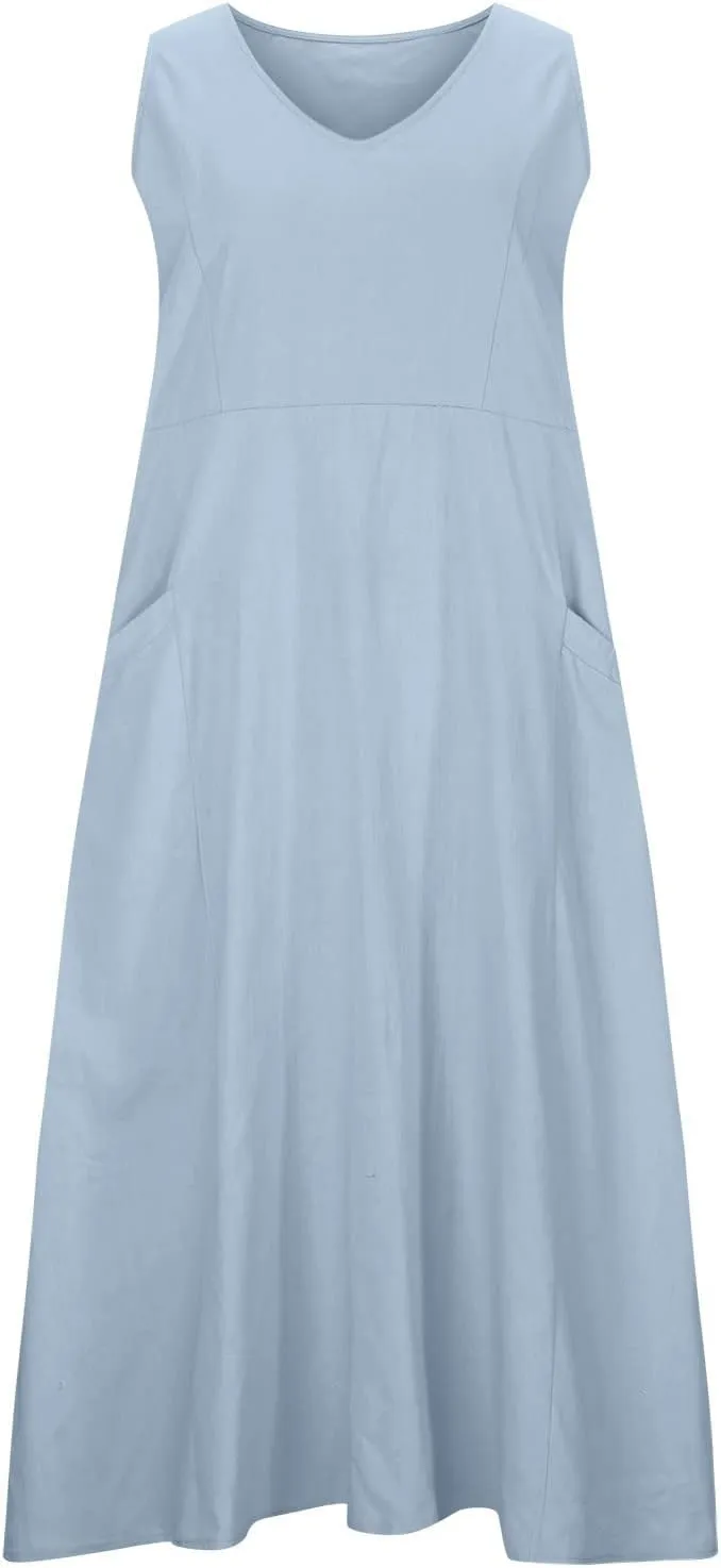 Linen Dresses for Women 2024 Summer Sleeveless Casual Dress Vintage Boho Midi Dresses Tank Top Beach Vacation Dress
