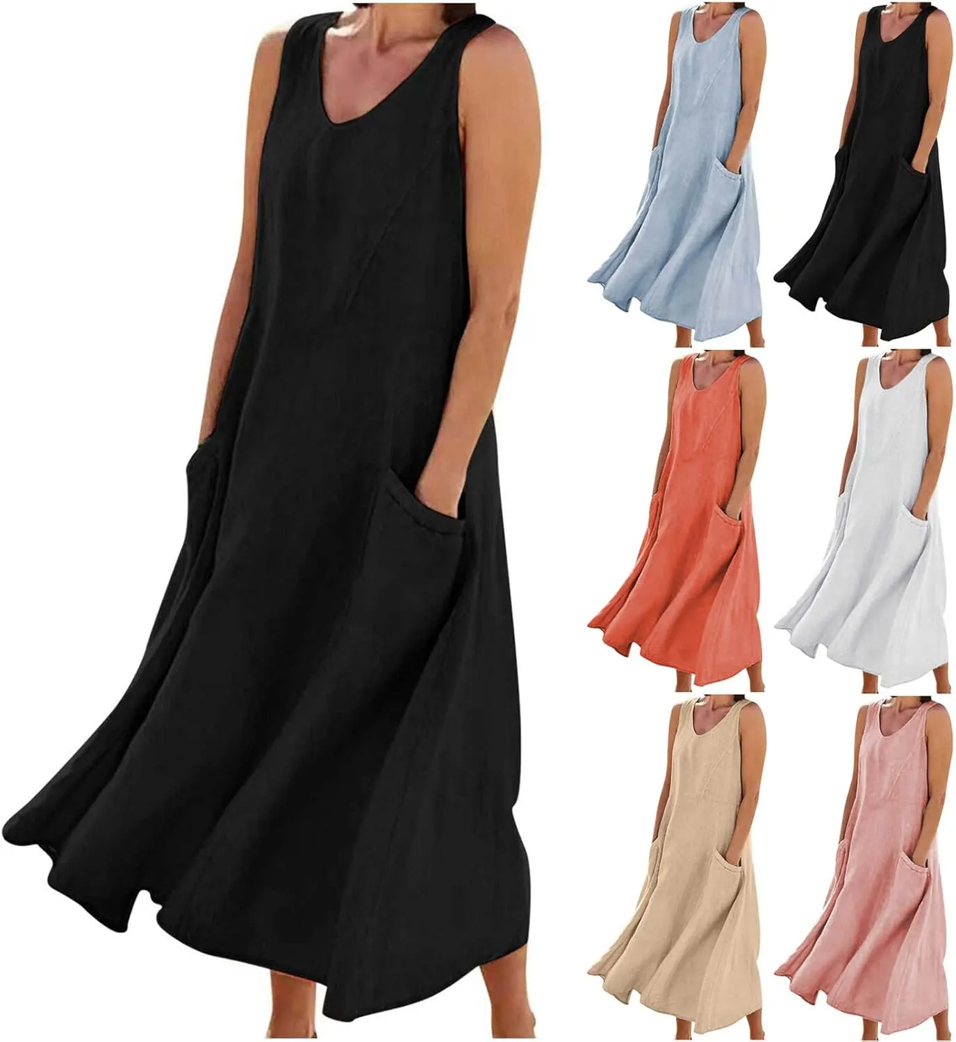 Linen Dresses for Women 2024 Summer Sleeveless Casual Dress Vintage Boho Midi Dresses Tank Top Beach Vacation Dress