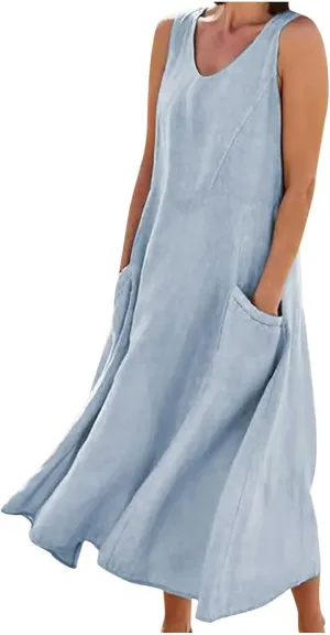 Linen Dresses for Women 2024 Summer Sleeveless Casual Dress Vintage Boho Midi Dresses Tank Top Beach Vacation Dress
