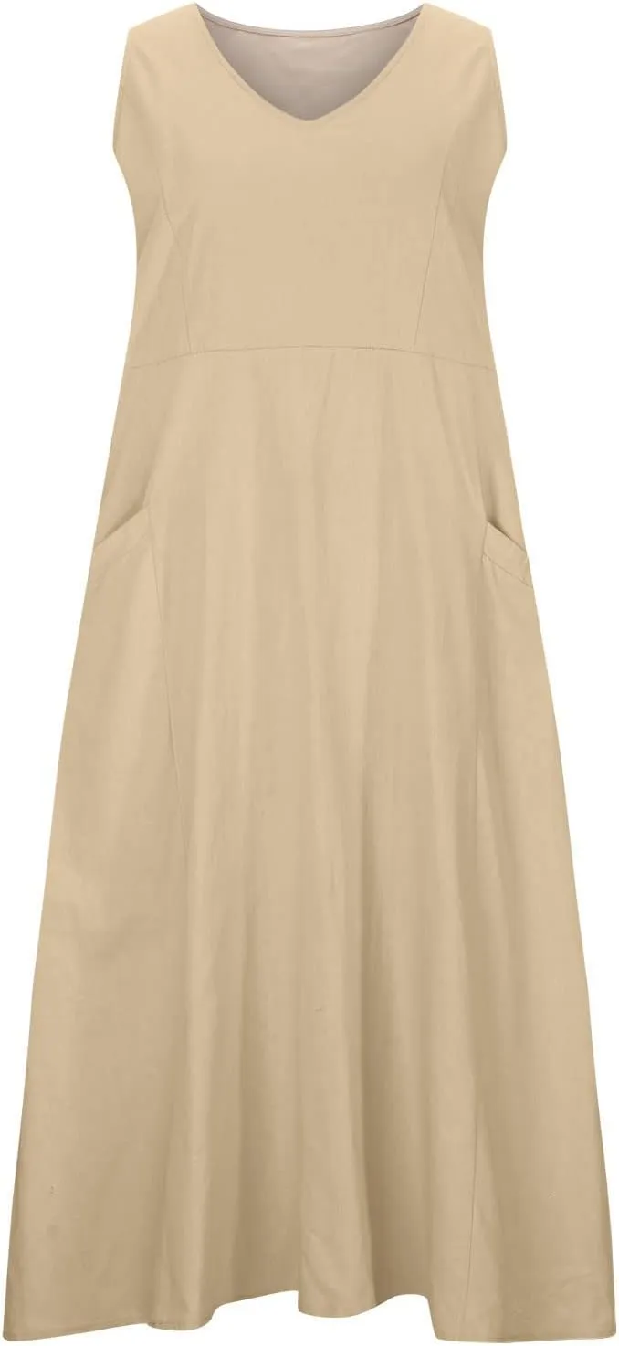 Linen Dresses for Women 2024 Summer Sleeveless Casual Dress Vintage Boho Midi Dresses Tank Top Beach Vacation Dress