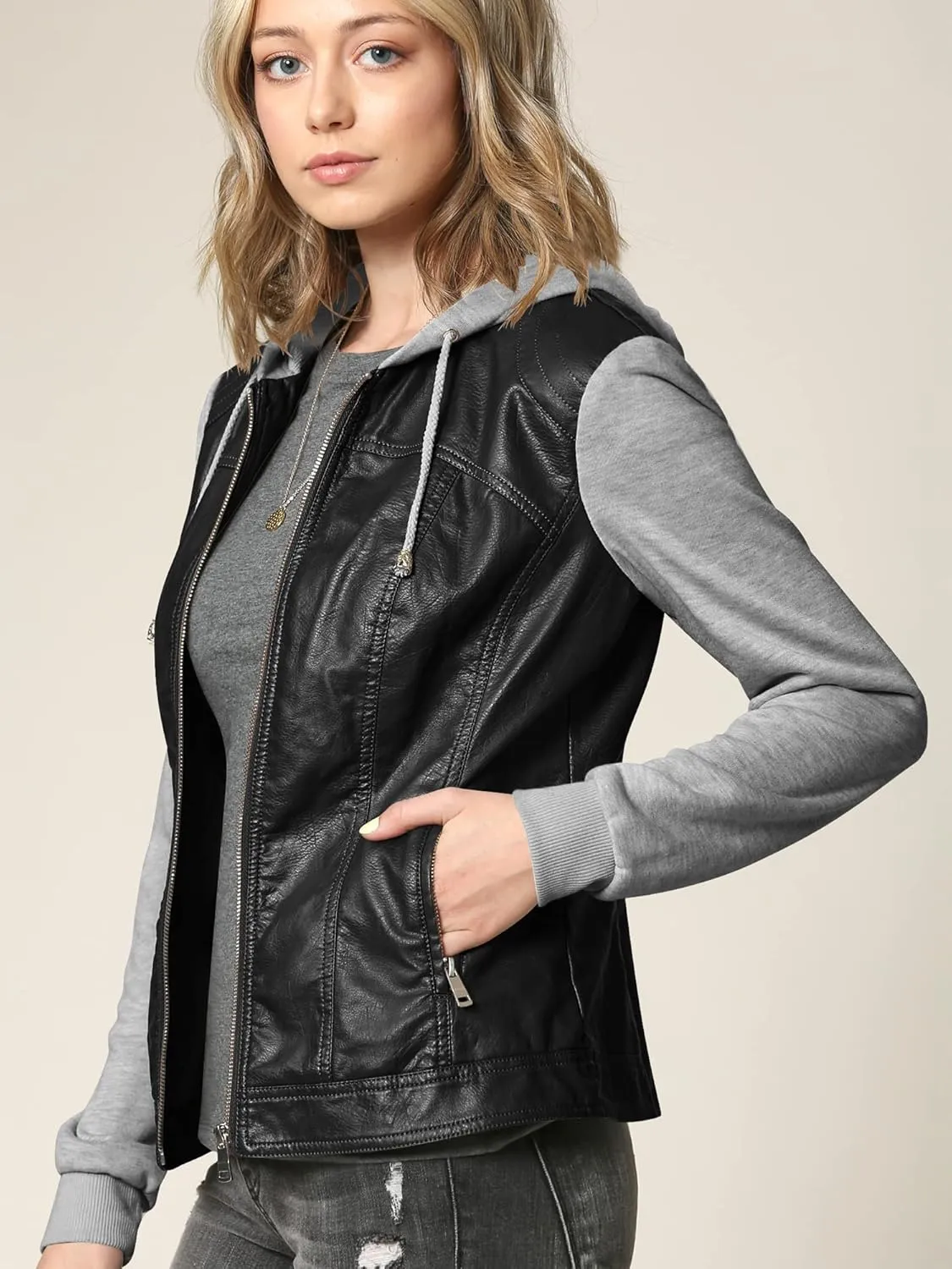 Made By Johnny Faux Leather Jacket Women Motorcycle Coat for Biker with Removable Hood