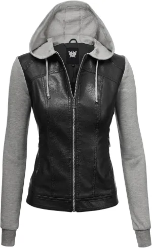 Made By Johnny Faux Leather Jacket Women Motorcycle Coat for Biker with Removable Hood